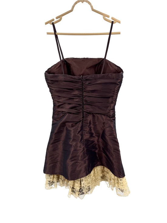 Maggie Sottero Dresses & Skirts - Maggie Sottero Flirt Satin Dress Deep Chocolate Brown lace trim ruffles 4 Y2K